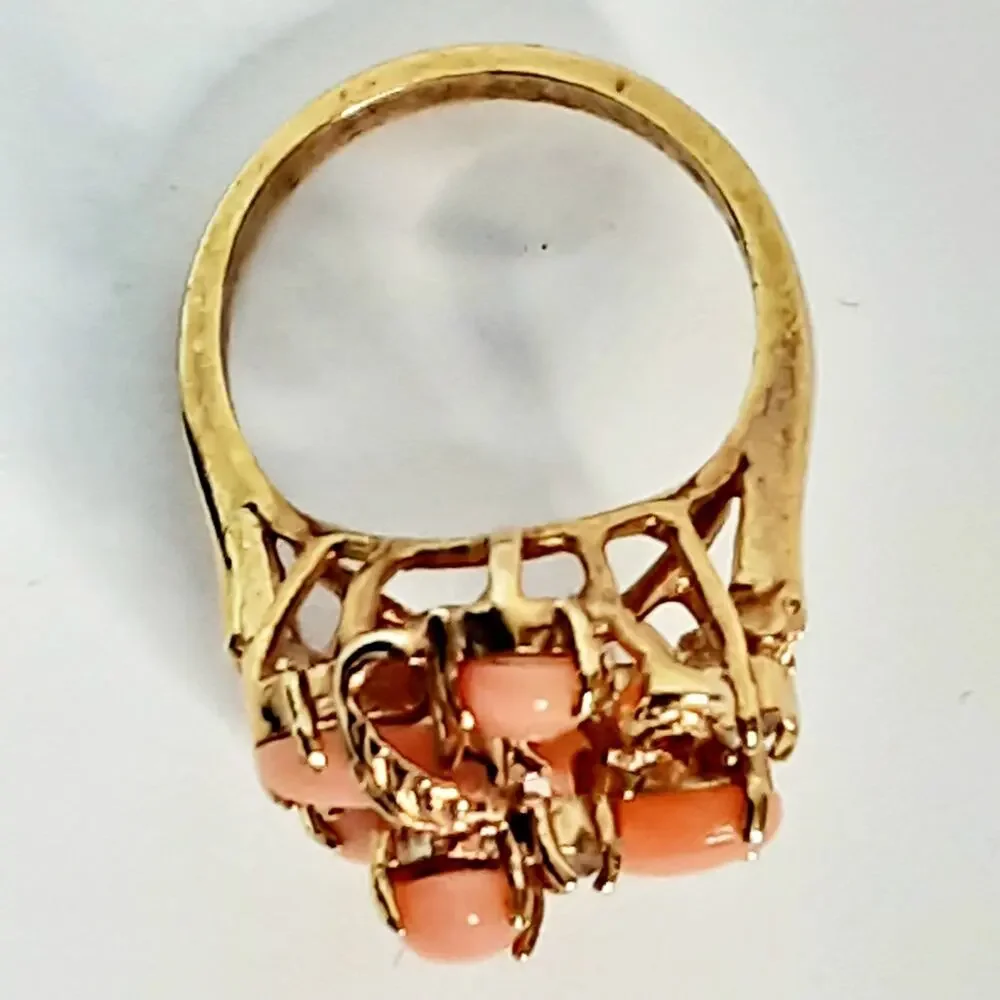 Oval Peach Pink Cluster Caobochon Ring Gold Tone Floral Design Size 5